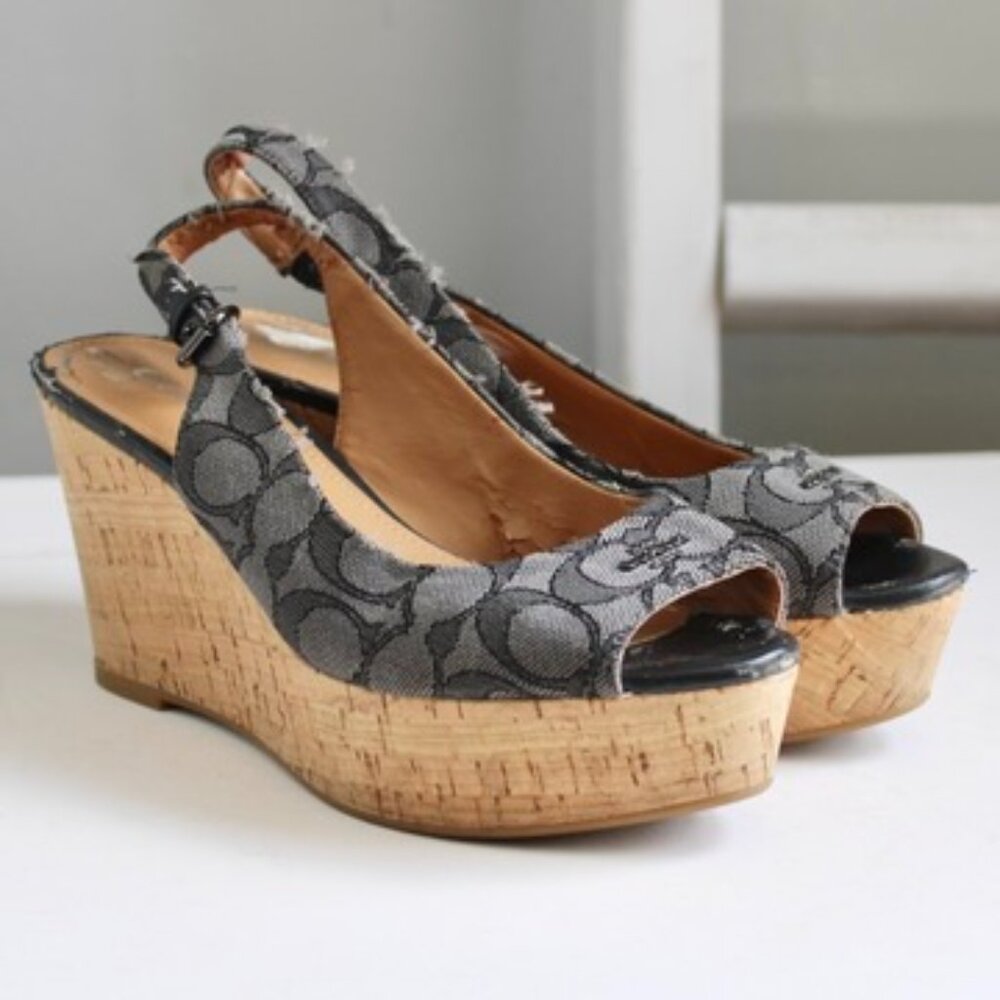 Coach Ferry Grey Logo Jacquard Tan Cork Wedge Slingback Sandal Heels Size 6.5 - Picture 1 of 8